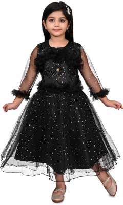 Zenat Girls Below Knee Party Dress(Black, Full Sleeve)