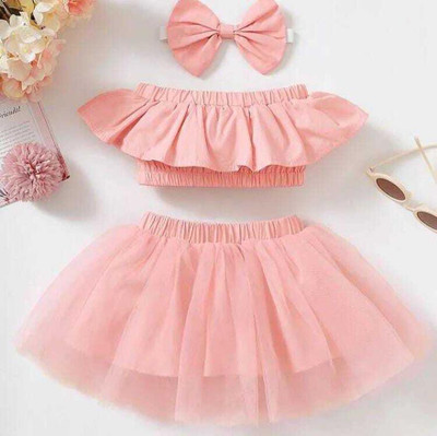 styleart Baby Girls Casual Top Skirt, Hair Band(Pink)