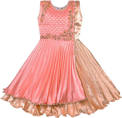 Wishkaro Girls Midi/Knee Length Party Dress(Orange, Sleeveless)
