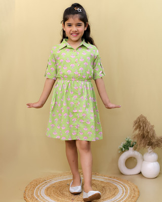 Pari Mahal Girls Below Knee Casual Dress(Green, 3/4 Sleeve)