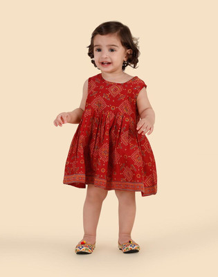 Fabindia Baby Girls Midi/Knee Length Casual Dress(Red, Sleeveless)