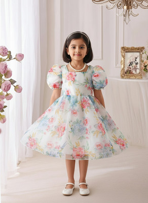 Miss & Chief Girls Midi/Knee Length Party Dress(White, Short Sleeve)
