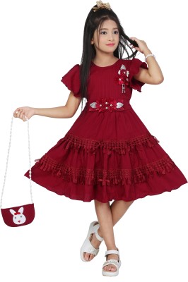 Litikit Fashion Girls Midi/Knee Length Party Dress(Maroon, Fashion Sleeve)