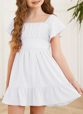 Alisha Moda Girls Above Knee Casual Dress(White, Short Sleeve)