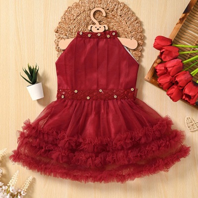 SJGARMENTS Indi Baby Girls Midi/Knee Length Festive/Wedding Dress(Maroon, Sleeveless)
