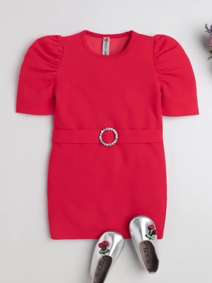 ADDYVERO Indi Girls Midi/Knee Length Party Dress(Red, Short Sleeve)