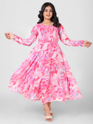 Aarya Designer Girls Maxi/Full Length Casual Dress(Pink, Full Sleeve)