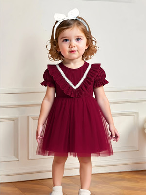 Style Connect Collection Girls Midi/Knee Length Party Dress(Maroon, Short Sleeve)