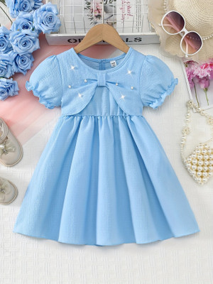 Style Connect Indi Girls Midi/Knee Length Party Dress(Blue, Short Sleeve)