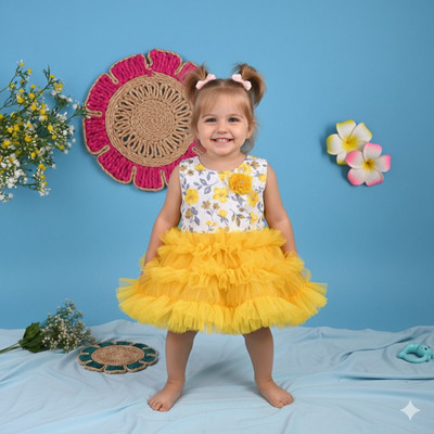 AF COLLECTION Indi Baby Girls Midi/Knee Length Festive/Wedding Dress(Yellow, Sleeveless)