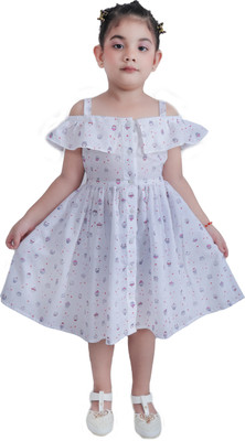 MUMMASCHOICE Indi Girls Midi/Knee Length Casual Dress(White, Sleeveless)