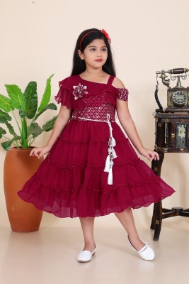 JGLIMAFASHION Girls Below Knee Party Dress(Maroon, Fashion Sleeve)