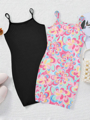 dhru Girls Below Knee Casual Dress(Black, Pink, Sleeveless)