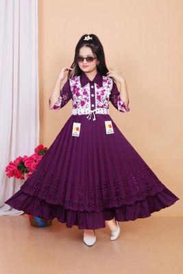 Smsarful Girls Maxi/Full Length Party Dress(Purple, 3/4 Sleeve)