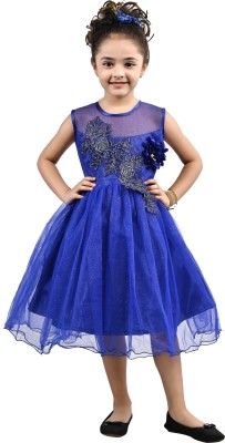 Arshia Fashions Girls Below Knee Casual Dress(Blue, Sleeveless)