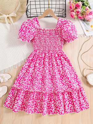 Sheetal Associates Indi Girls Midi/Knee Length Casual Dress(Pink, White, Short Sleeve)