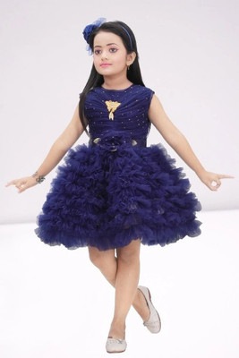 HouseOfCommon Indi Girls Midi/Knee Length Party Dress(Dark Blue, Sleeveless)
