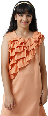 Under Fourteen Only Girls Midi/Knee Length Casual Dress(Orange, Sleeveless)