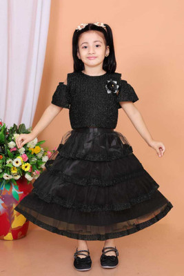 MDRESSES Indi Girls Calf Length Party Dress(Black, Fashion Sleeve)