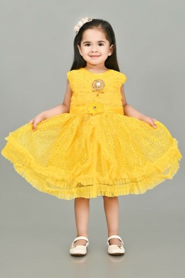 AL BAYDAR FASHION Girls Midi/Knee Length Casual Dress(Yellow, Sleeveless)