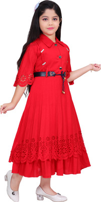 Mdmongaldresses Girls Maxi/Full Length Party Dress(Red, 3/4 Sleeve)