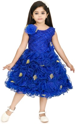 Chandrika Indi Girls Midi/Knee Length Party Dress(Blue, Sleeveless)