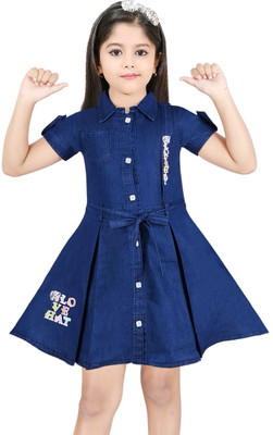 MZohaGarments Girls Midi/Knee Length Casual Dress(Dark Blue, Half Sleeve)