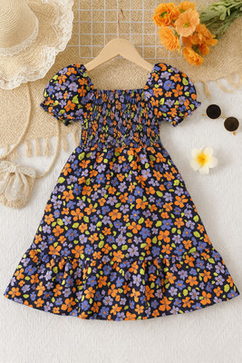 ETTUKITTU Girls Calf Length Casual Dress(Blue, Short Sleeve)