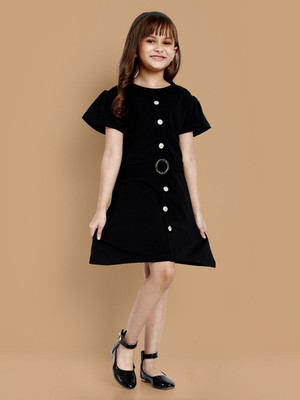 Lazy Shark Girls Midi/Knee Length Casual Dress(Black, Short Sleeve)