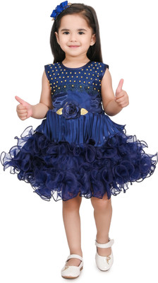 ELYON FASHION Girls Midi/Knee Length Festive/Wedding Dress(Dark Blue, Sleeveless)