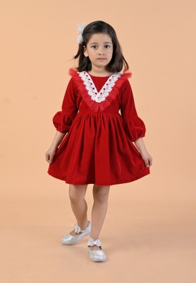 Titrit Girls Midi/Knee Length Party Dress(Red, Full Sleeve)