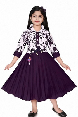 S KAY FASHION Indi Girls Calf Length Casual Dress(Purple, 3/4 Sleeve)