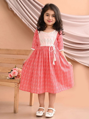 Sangria Girls Midi/Knee Length Casual Dress(Pink, Half Sleeve)
