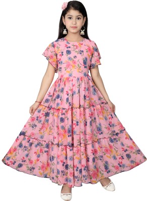 SKY HEIGHTS Girls Maxi/Full Length Casual Dress(Pink, Short Sleeve)
