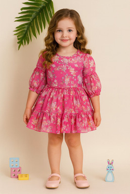 Lazy Shark Girls Midi/Knee Length Casual Dress(Pink, 3/4 Sleeve)