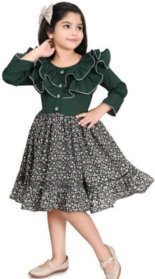 SM MUNIF DRESSES Girls Midi/Knee Length Casual Dress(Green, 3/4 Sleeve)