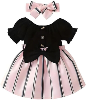 FOSTRIC Indi Girls Midi/Knee Length Casual Dress(Black, Pink, Short Sleeve)