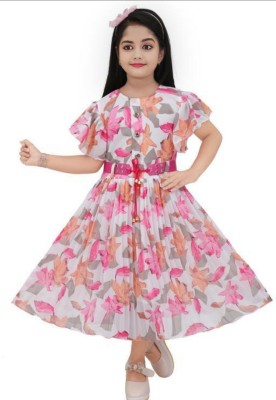 LUCKY FASHION WORLD Girls Calf Length Casual Dress(Pink, Fashion Sleeve)