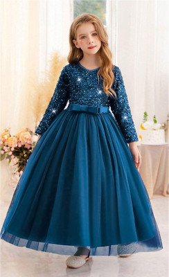 Texaso Premium Girls Maxi/Full Length Festive/Wedding Dress(Light Blue, Full Sleeve)