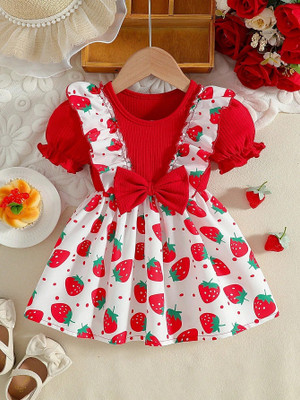 SK DALIA DRESSES Girls Midi/Knee Length Casual Dress(Red, White, Short Sleeve)