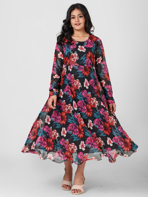 HouseOfCommon Girls Maxi/Full Length Casual Dress(Multicolor, Full Sleeve)