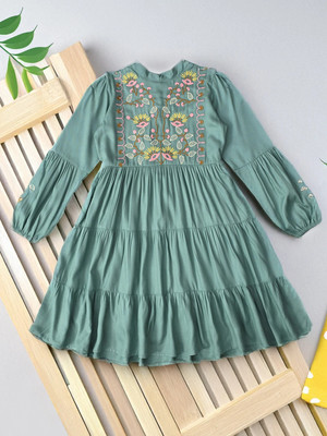 Bella Moda Girls Midi/Knee Length Casual Dress(Green, 3/4 Sleeve)