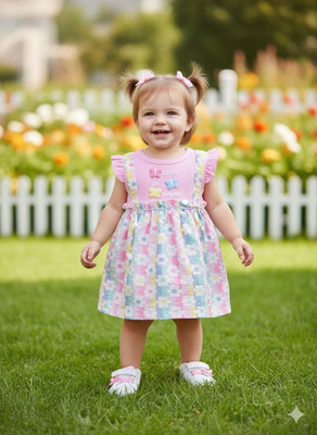 Kiko Indi Girls Above Knee Casual Dress(Pink, Half Sleeve)