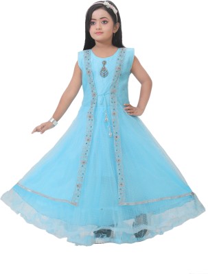 Zenat Girls Maxi/Full Length Party Dress(Blue, Sleeveless)