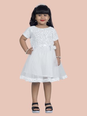 Kids Clothing By VNB Indi Girls Midi/Knee Length Festive/Wedding Dress(White, Short Sleeve)