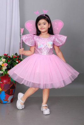 Elitewave Garments Indi Girls Midi/Knee Length Party Dress(Pink, Fashion Sleeve)