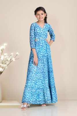 Fashion Dream Girls Maxi/Full Length Casual Dress(Blue, 3/4 Sleeve)