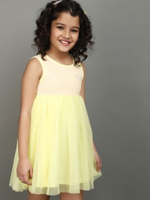 V-MART Indi Girls Midi/Knee Length Casual Dress(Yellow, Sleeveless)