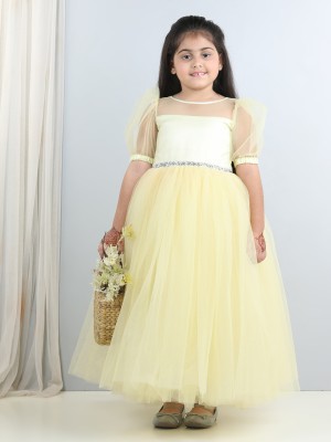 Toy Balloon Kids Girls Maxi/Full Length Party Dress(Yellow, Half Sleeve)