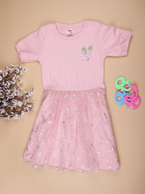 V-MART Girls Above Knee Casual Dress(Pink, Half Sleeve)